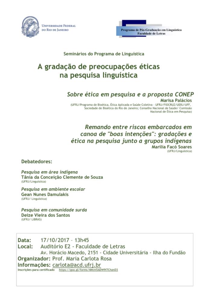 cartaz seminário A gradação de preocupações éticas na pesquisa linguística 